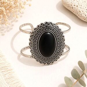 Boho Inspired Silver Tone Black Cabochon Statement Cuff Bracelet